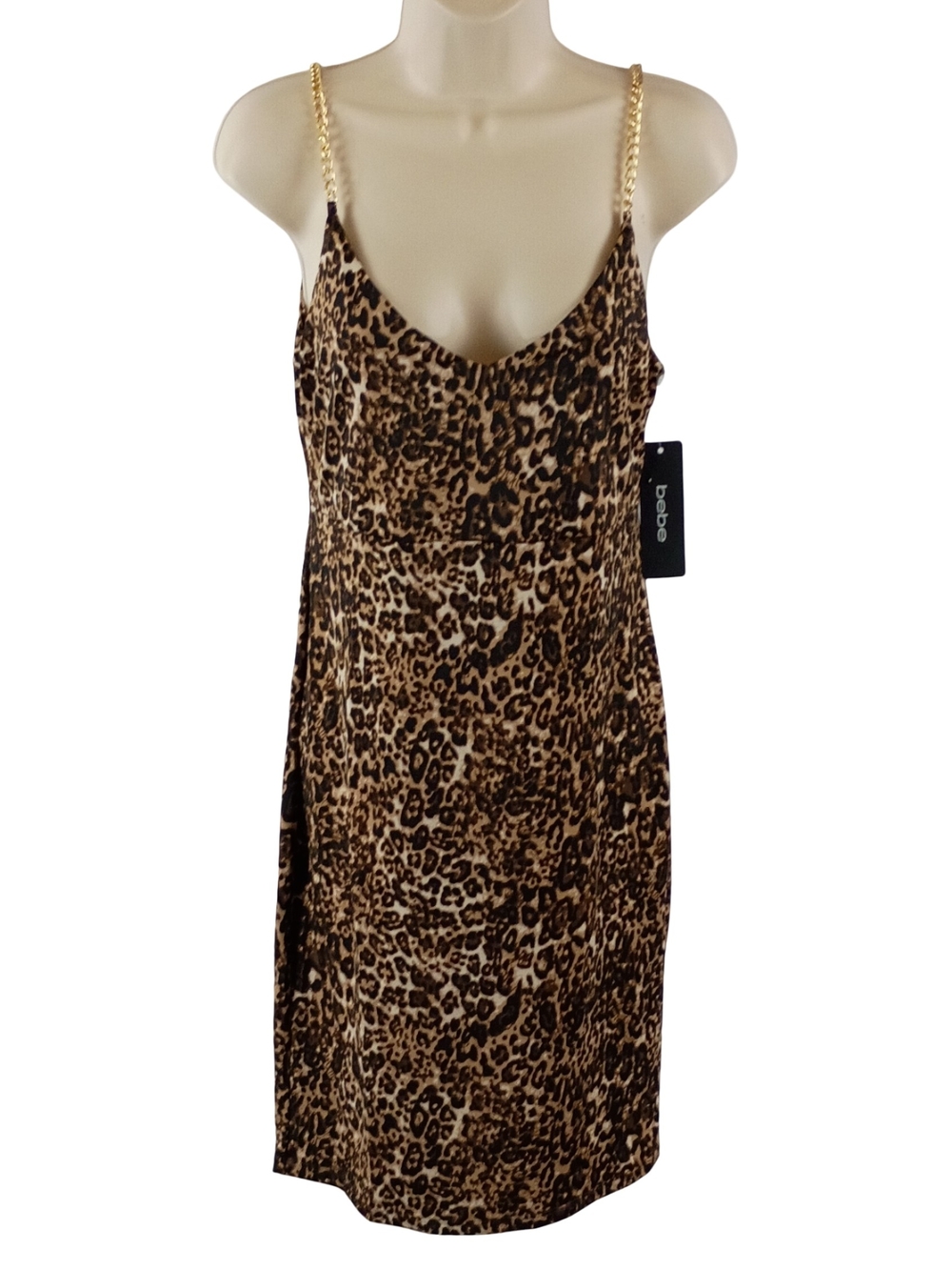 Bebe Leopard Print Slip Dress with Gold Chain Straps Size 10